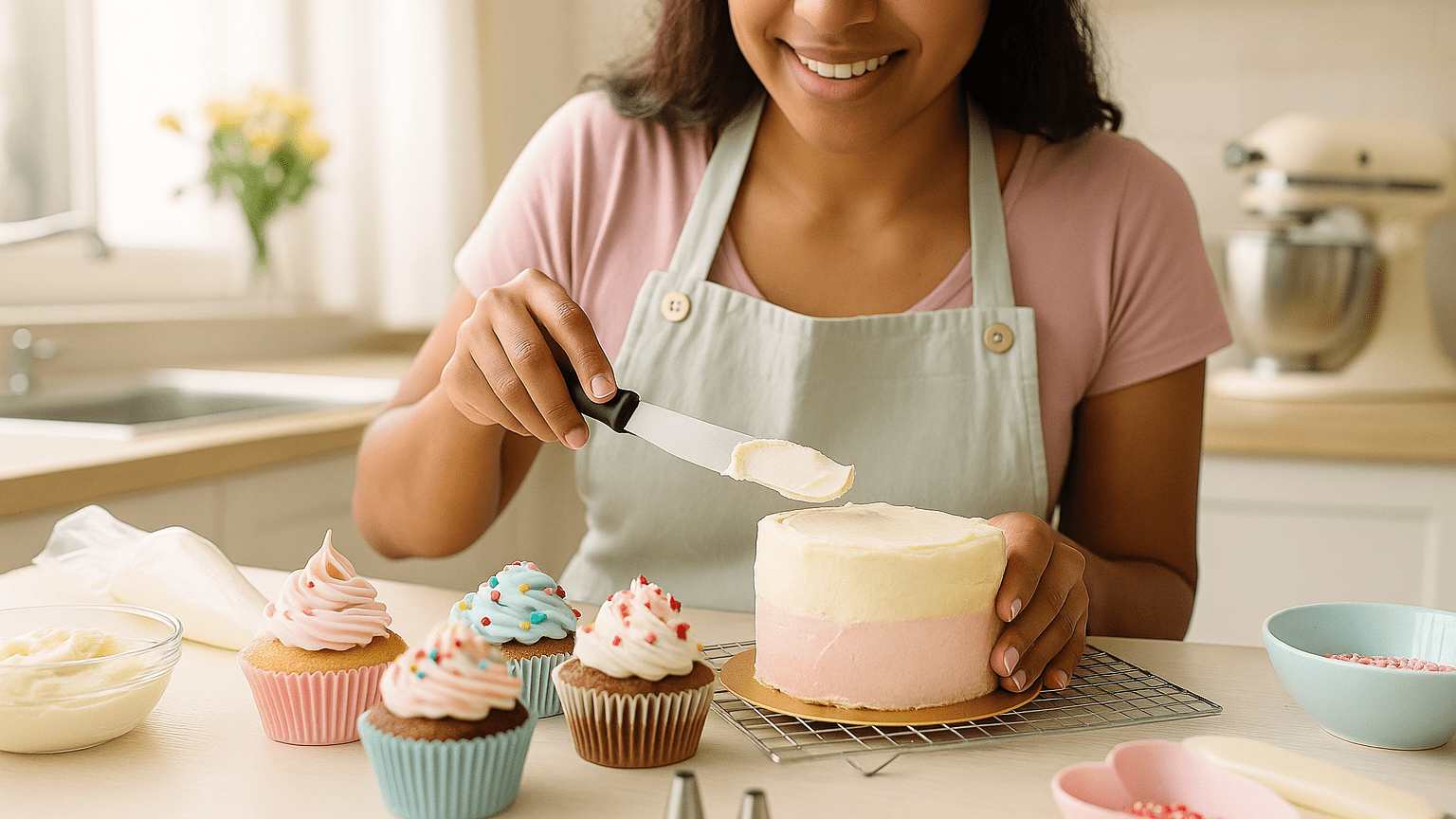 Decorando pastel y cupcakes en cocina