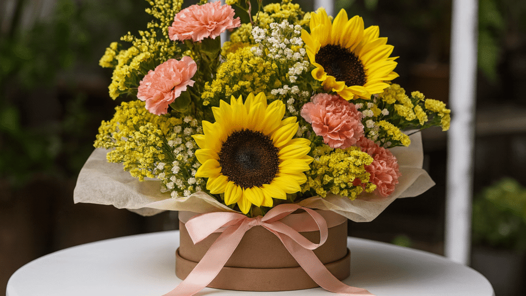 Arreglo floral con girasoles, claveles y siemprevivas